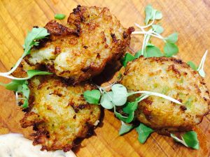 Almond Crusted Shrimp Cakes Topped with Lemon Parsley Aioli