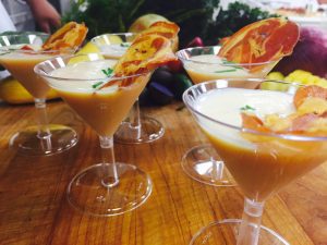 Chilled Cantaloupe Soup Shooter Topped with Crispy Prosciutto