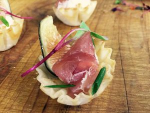 Gorgonzola Mousse, Candied Pear and Crispy Prosciutto Tartlet