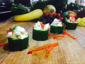 Lemony Hummus Topped with Feta Cheese in Cucumber Cups