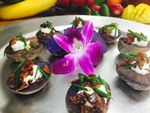 Mini Baked Purple Potatoes with Sour Cream, Bacon and Chives