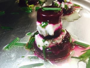 Roasted Beet and Herbed Goat Cheese Napoleons Topped with Micro Radish Greens