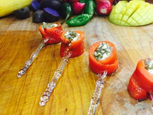 Roasted Red Pepper and Mozzarella Skewers Marinated in Pestos