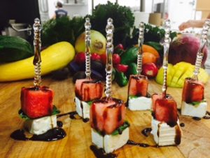 Watermelon, Feta and Basil Skewers Drizzled with Balsamic Glaze