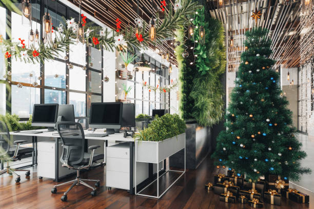 Office decorated with Christmas decorations