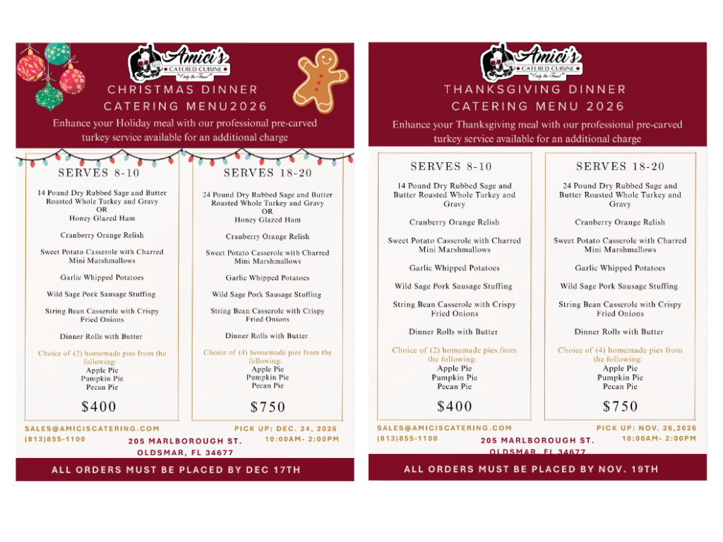 Christmas and Thanksgiving dinner menus for catering pickup on the day of holiday